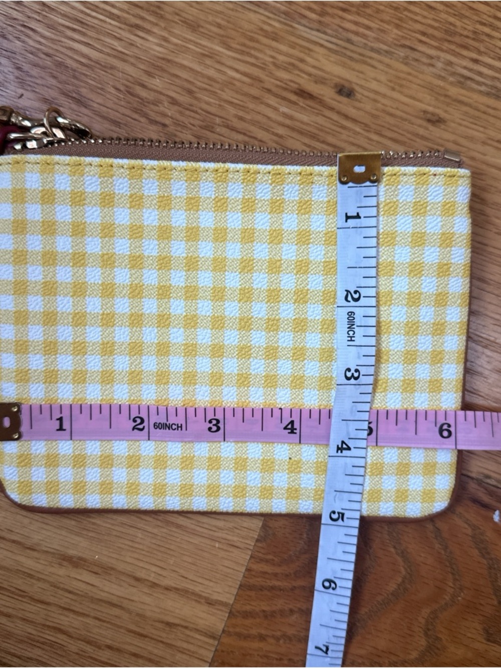 Dooney & Bourke Yellow and White Gingham Wristlet with Leather Strap - Picture 3 of 4